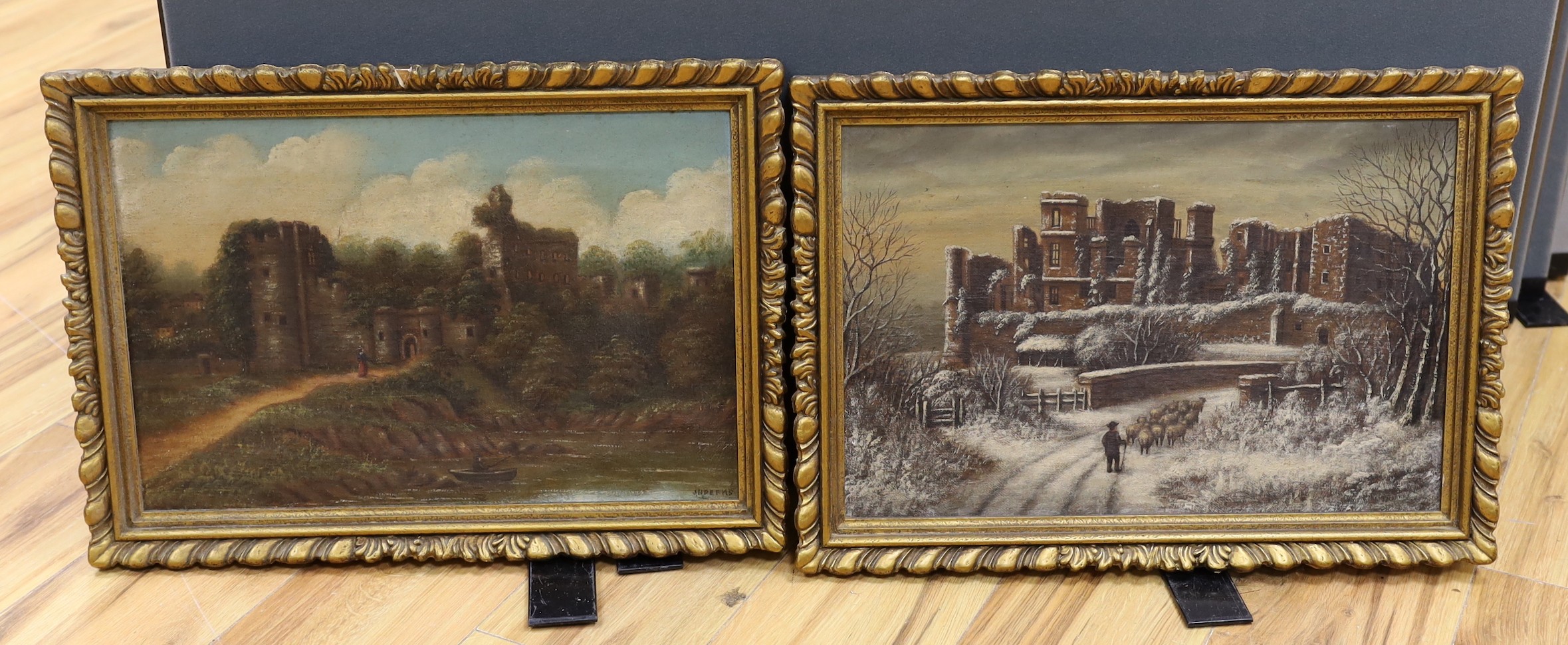 J.H. Perks, pair of oils on canvas, Views of castles in summer and winter, one signed, 30 x 45cm